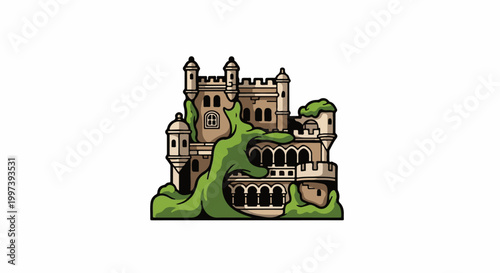 Ancient stone fortress, overgrown with lush green vines and foliage