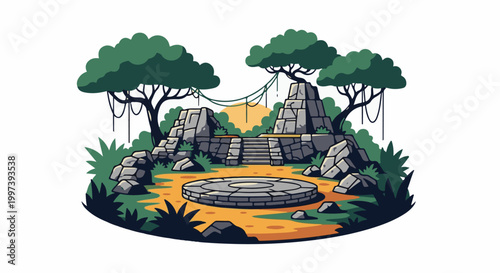 Ancient stone ruins with circular platform in lush jungle setting