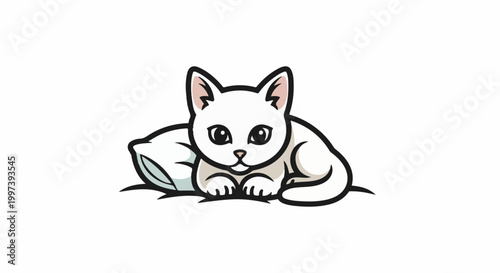 Adorable white kitten with large eyes rests on a pillow