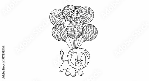 Adorable line art lion cub holding a bouquet of animal-print balloons