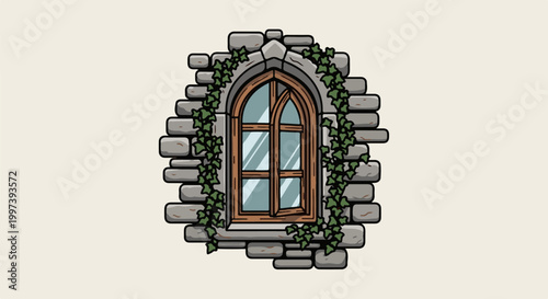 Ancient stone window framed by climbing ivy