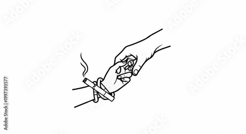 Adult hand helps a child's hand hold a lit cigarette, illustrating a bad influence