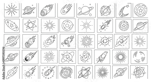Grid of numerous hand drawn icons and sketches depicting planets, stars, comets, orbits, and various astronomical phenomena.