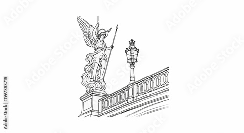 Angel statue atop a bridge railing with a lamp and ornate detailing