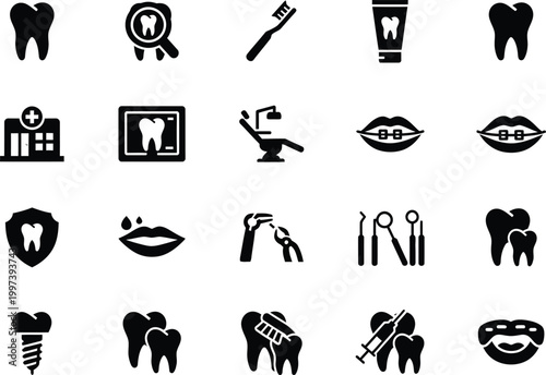 Dental care icons featuring teeth hygiene procedures and orthodontic tools for professional medical clinic services collection