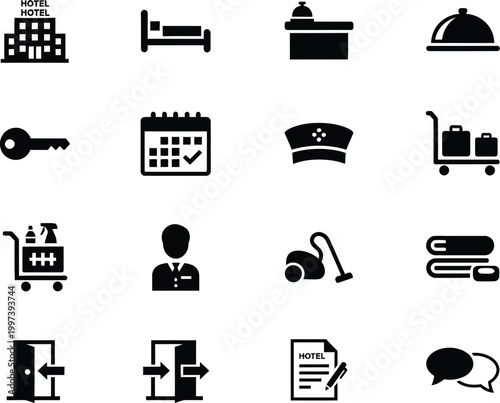 A collection of black flat icons representing hotel services accommodation management and tourism industry features
