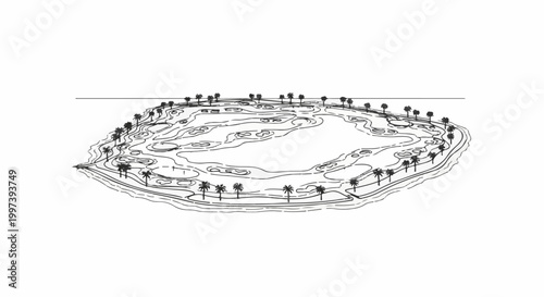 Aerial view sketch of a tropical golf course with palm trees and water features