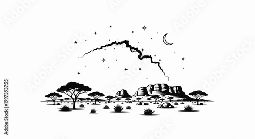 African savanna at night with moon, stars, trees, and rock formations