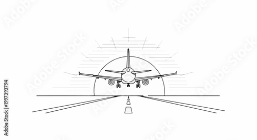 Airplane approaching runway during sunrise