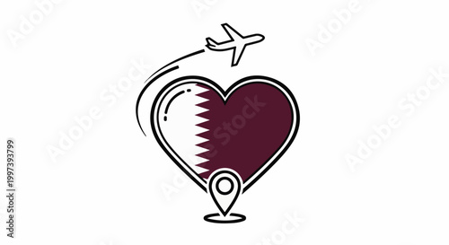 Airplane leaving trace over heart with country flag, above location pin