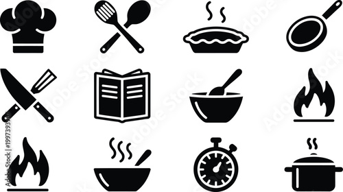 Modern kitchen and cooking icons showing culinary tools and ingredients for preparing delicious healthy home meals