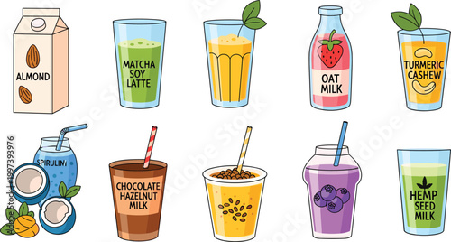 Healthy Plant-Based Milk and Smoothie Drink Icons Including Almond, Oat, Soy, and Turmeric Milk for Graphic Design Projects