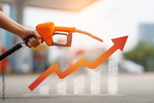 Close-up male hand holding red gasoline nozzle at fuel station. Rising arrow graph symbolizing increasing petrol prices, energy inflation, oil market pressure, financial trend concept, Banner