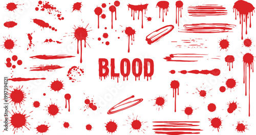 Dynamic collection of realistic vector blood splatters, gruesome drips, and abstract red paint strokes perfect for horror, Halloween, or crime scene themed graphic designs