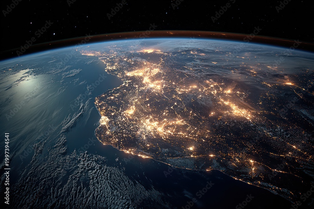 Fototapeta premium Nighttime Earth from Space: Illuminated Coastal Cities