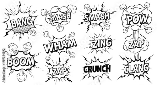Collection of retro comic book speech bubbles with explosive sound effects like bang, smash, and boom in a classic black and white style.