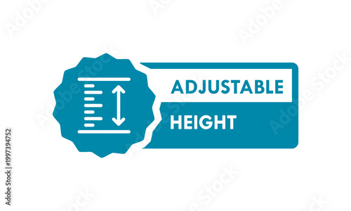 Professional adjustable height badge icon with measurement scale and arrows. Vector illustration of circular stamp for furniture features, industrial tools, and product packaging.