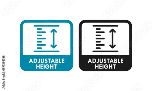 Professional adjustable height badge icon with measurement scale and arrows. Vector illustration of circular stamp for furniture features, industrial tools, and product packaging.