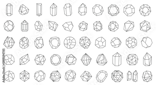 Large collection of diverse crystal and gemstone shapes in a minimal black and white line art style for botanical and mystical designs.