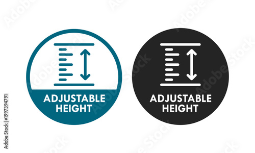 Professional adjustable height badge icon with measurement scale and arrows. Vector illustration of circular stamp for furniture features, industrial tools, and product packaging.