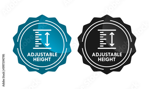 Professional adjustable height badge icon with measurement scale and arrows. Vector illustration of circular stamp for furniture features, industrial tools, and product packaging.