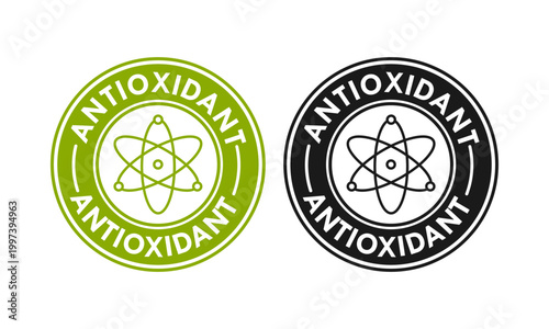 Obraz na plátně Professional antioxidant badge icon featuring an atom symbol in a circular serrated frame