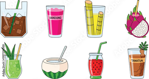 Tropical and Refreshing Beverage Icons Featuring Dragon Fruit, Watermelon, and Herbal Teas for Web and Graphic Design
