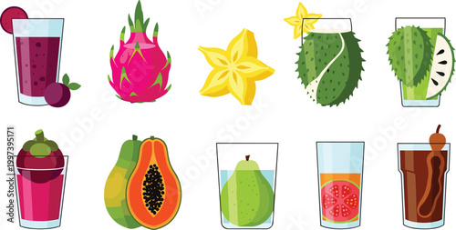 Tropical Fruit Drink Icons Featuring Dragon Fruit, Papaya, Pear, and Cactus for Web and Graphic Design Projects