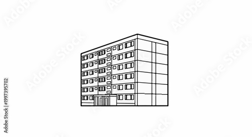Black and white line drawing of a tall, multi-story apartment building with many windows