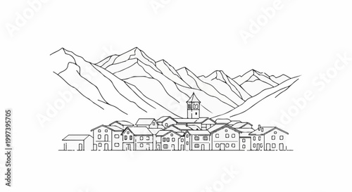 Black and white line drawing of a village nestled at the base of majestic mountains