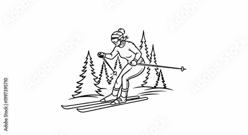 Black and white line drawing of a woman skiing down a snowy slope