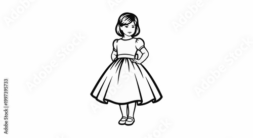 Black and white line drawing of a young girl in a full skirt and puffed sleeves