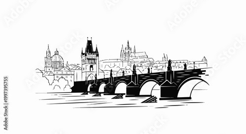 Black and white line drawing of an old European bridge and cityscape with towers
