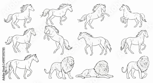 Black and white line drawings of horses and lions in various poses