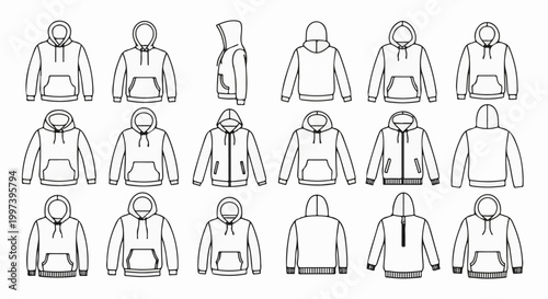 Black and white line drawings of various hooded sweatshirts