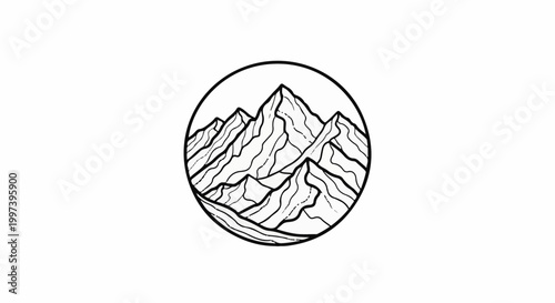 Black and white line art of jagged mountain peaks within a circle