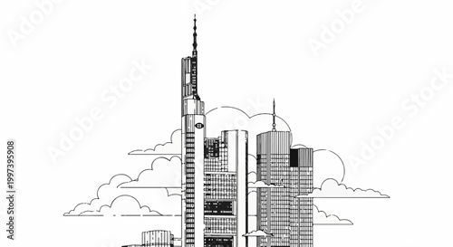 Black and white line art sketch of a city skyline with clouds