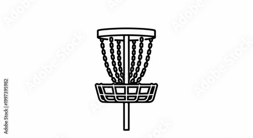 Black and white illustration of a disc golf basket with chains