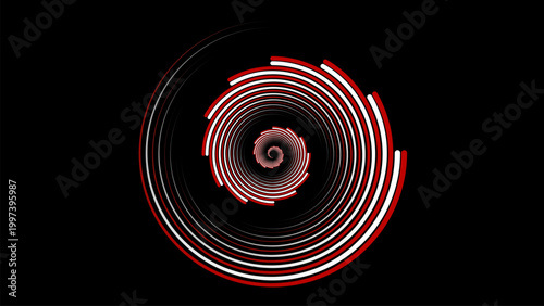 Mesmerizing hypnotic swirl of red and white lines, glowing radial motion on black background.