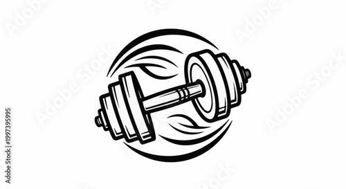 Black and white illustration of a dumbbell within a circular design