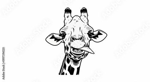 Black and white illustration of a giraffe's head with its tongue sticking out playfully