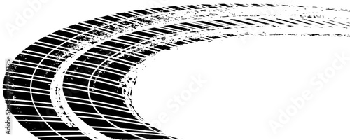 Tire tread marks, wheel textures, tire marks - car racing, motocross, drift, rally, off-road and others. Vector black isolated texture in grunge style with splashes. Black and white monochrome set