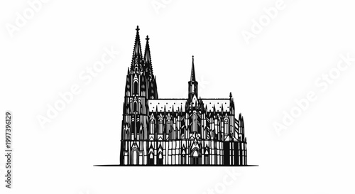Black and white illustration of a grand Gothic cathedral with intricate spires and facade
