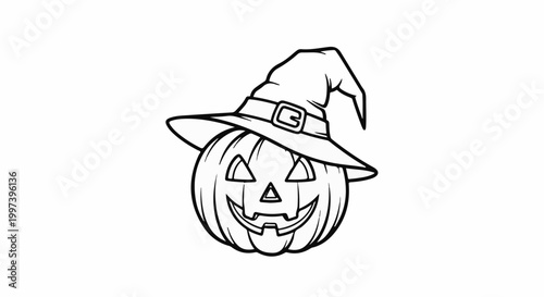 Black and white illustration of a grinning pumpkin wearing a witch hat