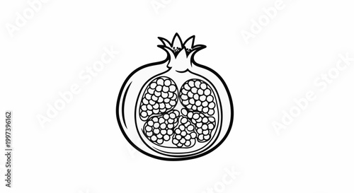 Black and white illustration of a halved pomegranate with seeds