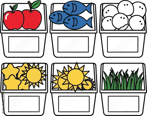Healthy Food and Nature Elements in Shopping Baskets - Apples, Fish, Eggs, Stars, Sun, Grass