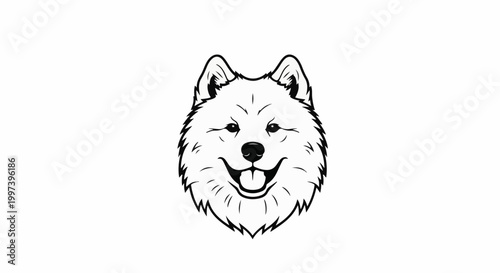Black and white illustration of a happy dog's face