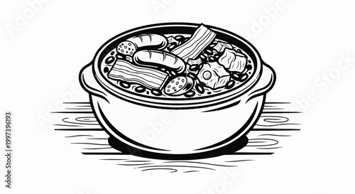 Black and white illustration of a hearty stew in a pot
