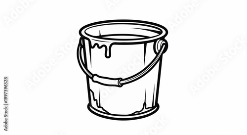 Black and white drawing of a bucket with dripping paint