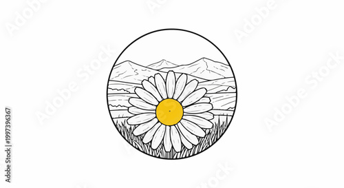 Black and white drawing of a daisy in a circular frame with mountains